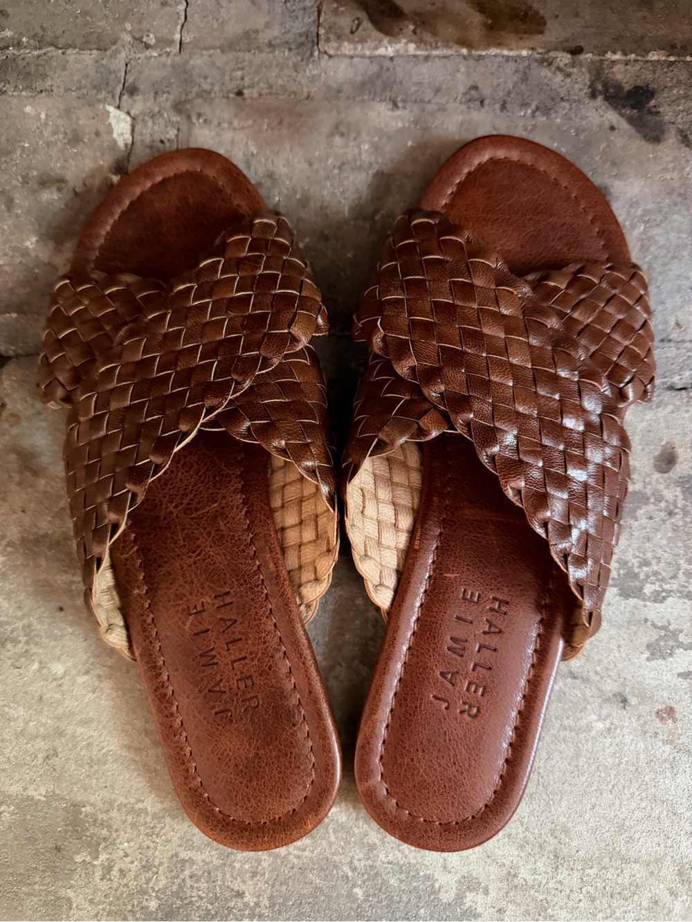 Jamie Haller Brown Woven Leather Slides. 39
